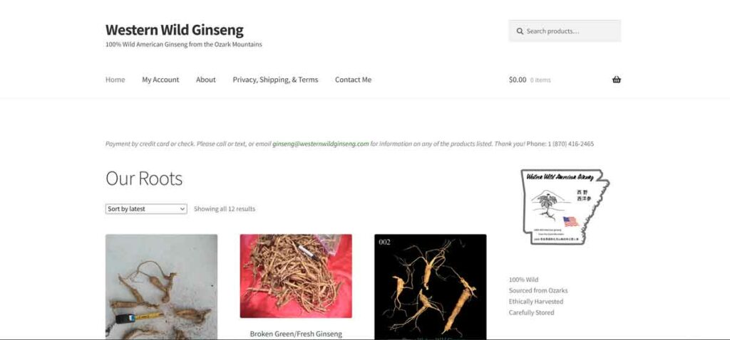 Western Wild Ginseng website screenshot.